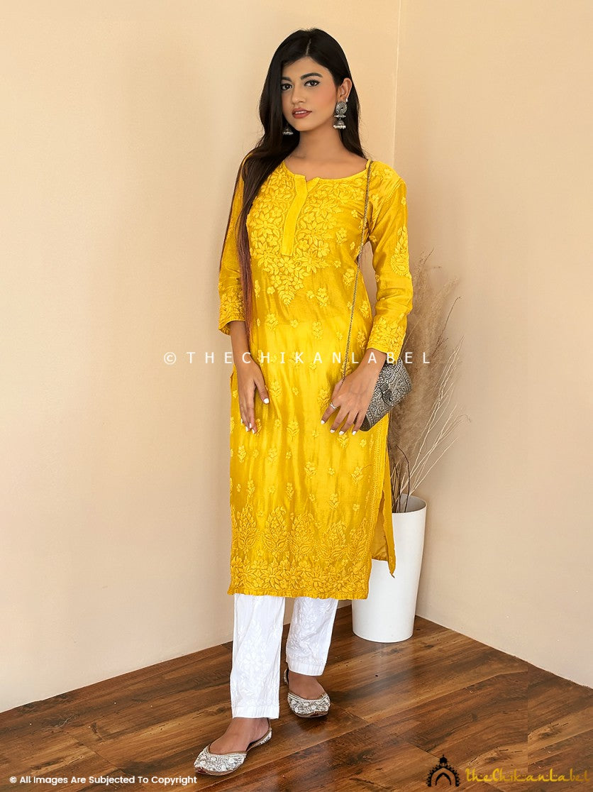 “Chanderi straight chikankari kurti with authentic Lucknowi hand embroidery for women’s ethnic wear”
