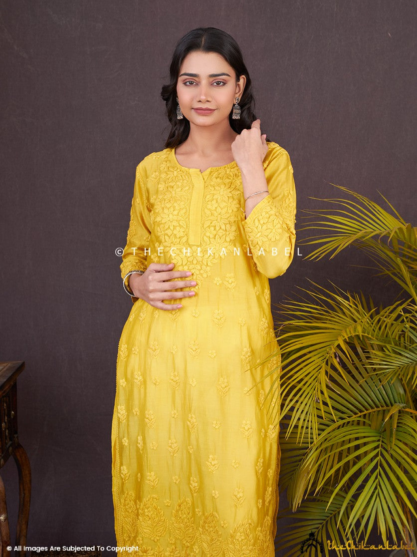 “Traditional hand-embroidered chikankari kurti in premium Chanderi fabric with straight silhouette”