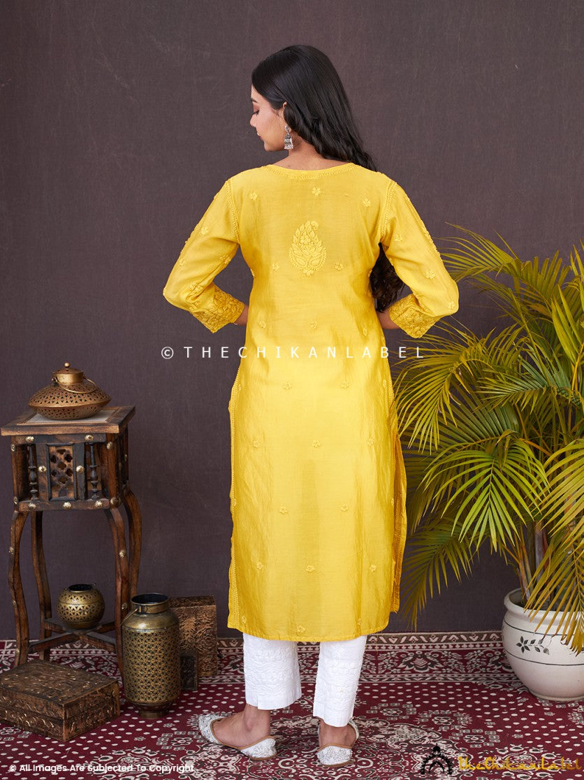“Women’s Chanderi chikankari kurti with intricate embroidery on neckline, sleeves, and front panel”