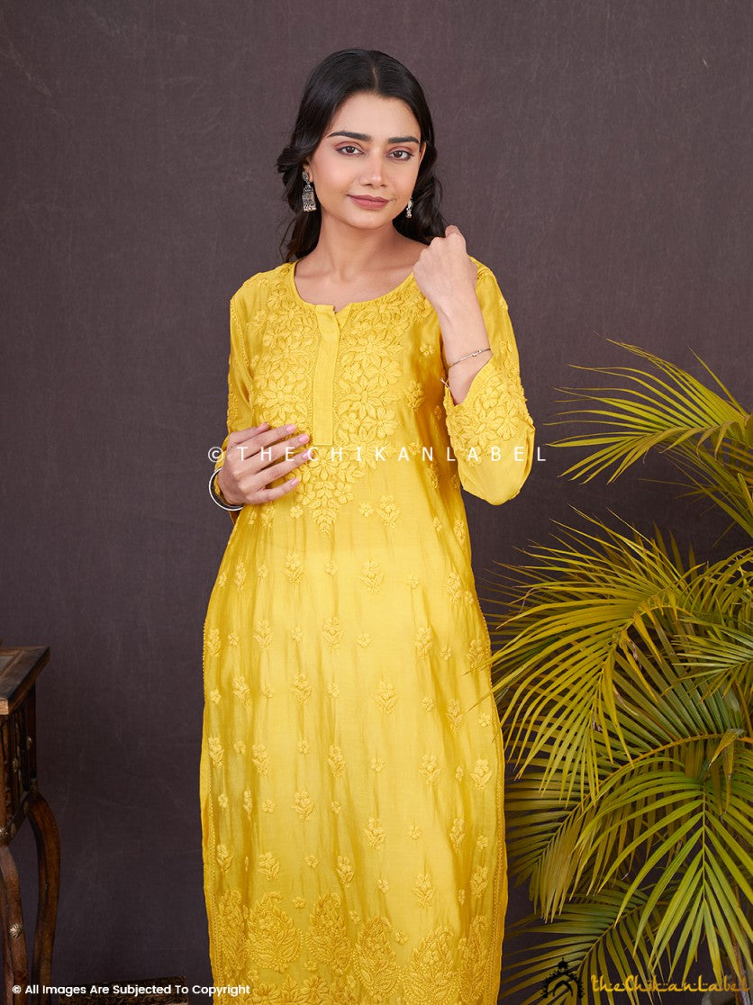 “Artisan-crafted straight chikankari kurti in Chanderi fabric for office wear and ethnic styling”