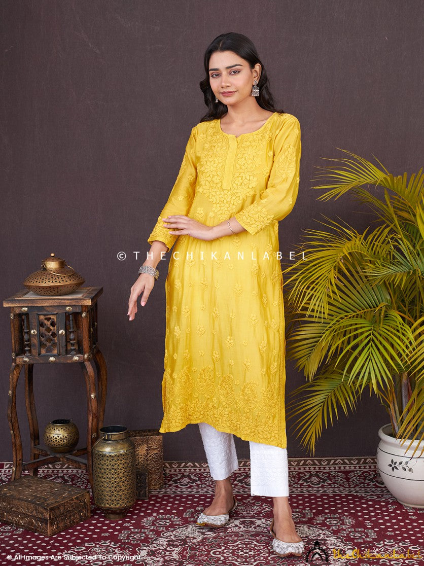 “Chanderi chikankari kurti with delicate hand embroidery ideal for festive occasions and gatherings”