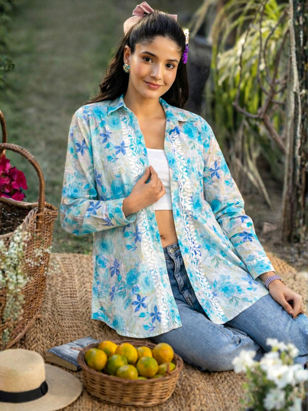Ahana Mulmul Cotton Chikankari Shirt - Blue