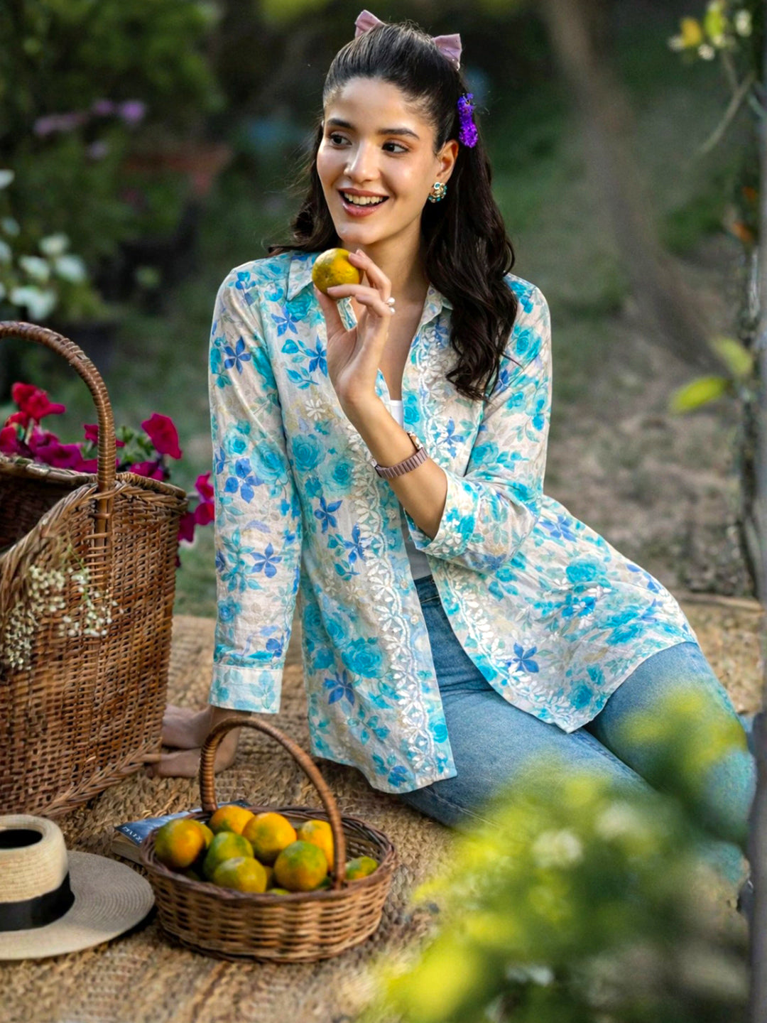 Ahana Mulmul Cotton Chikankari Shirt - Blue