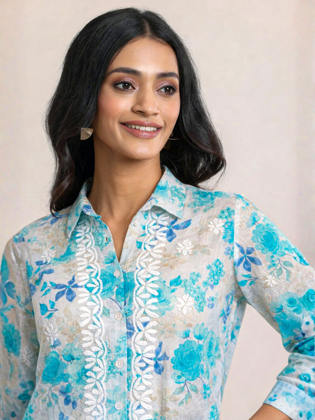 Ahana Mulmul Cotton Chikankari Shirt - Blue