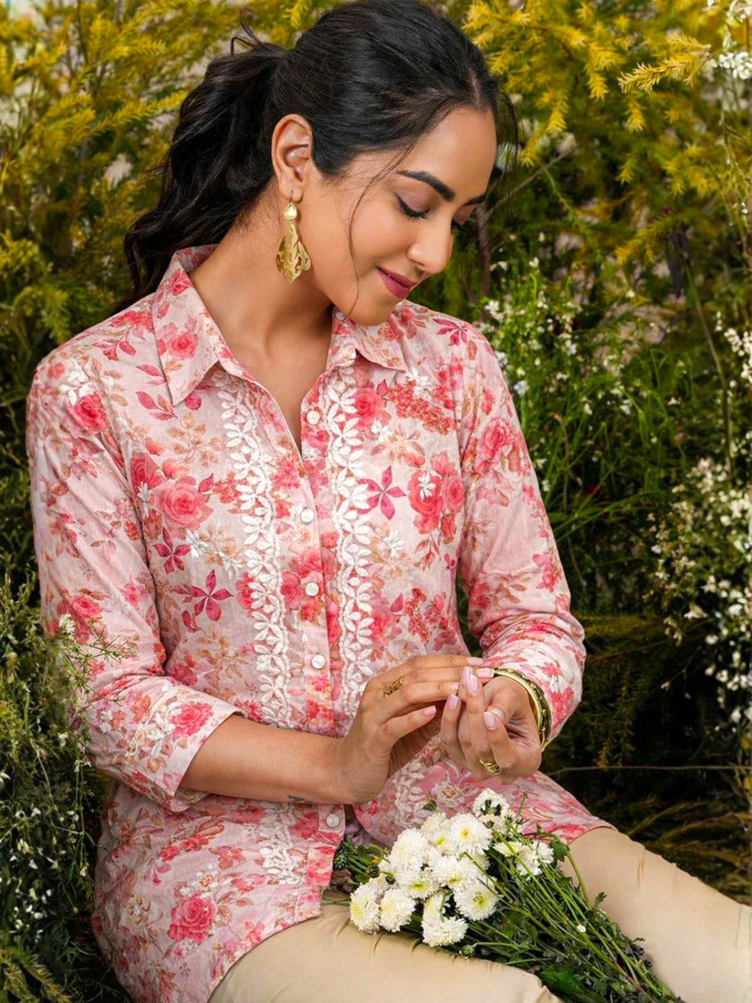 Ahana Mulmul Cotton Chikankari Shirt - Pink