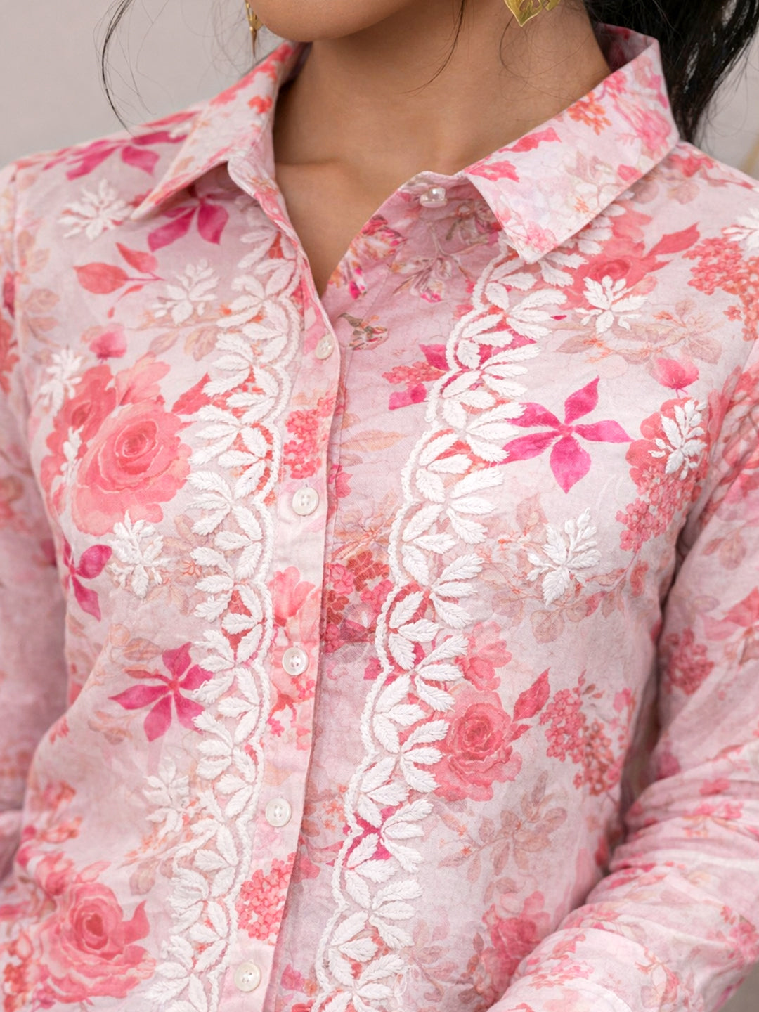 Ahana Mulmul Cotton Chikankari Shirt - Pink