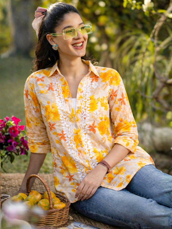 Ahana Mulmul Cotton Chikankari Shirt - Yellow