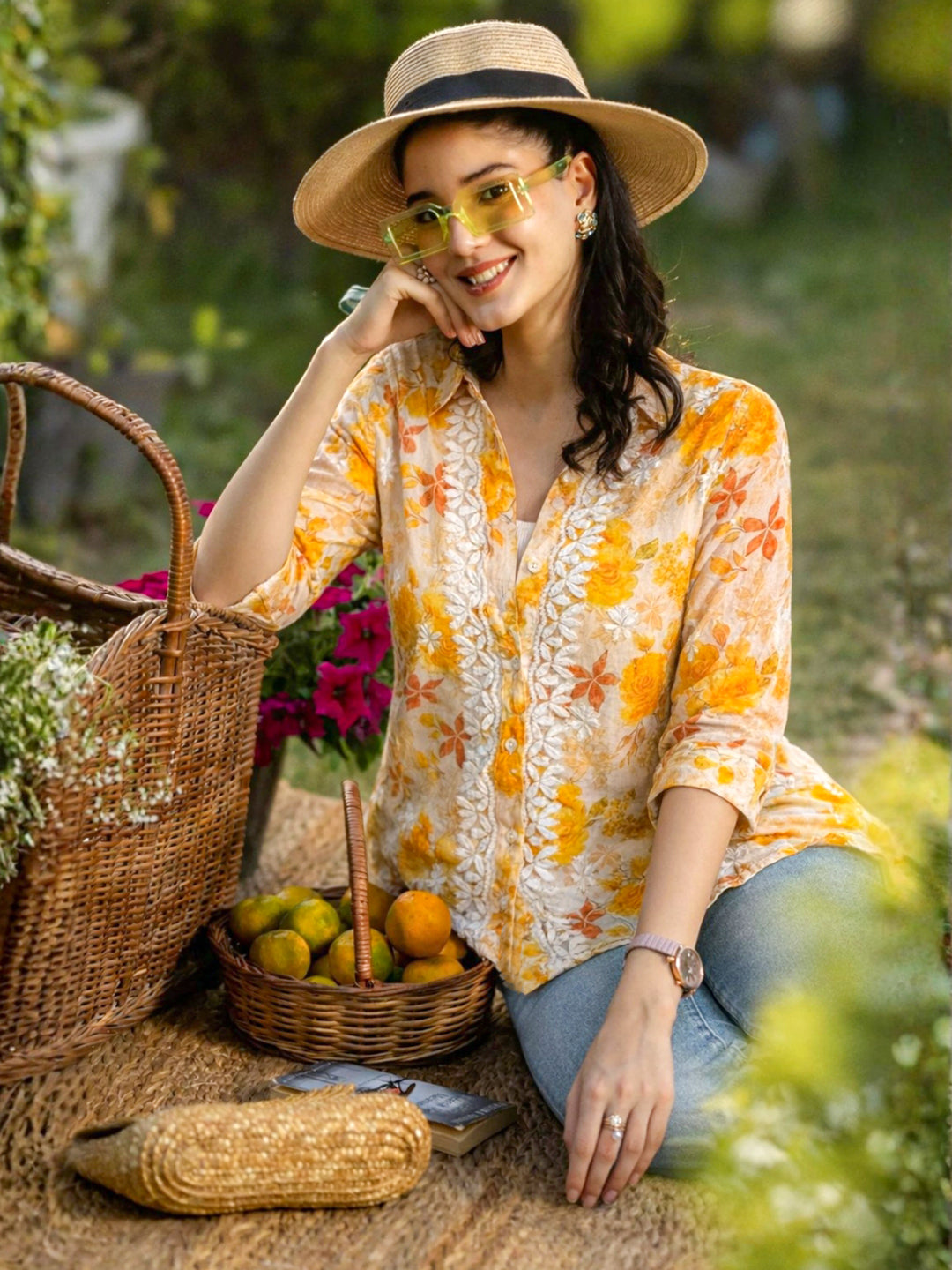 Ahana Mulmul Cotton Chikankari Shirt - Yellow