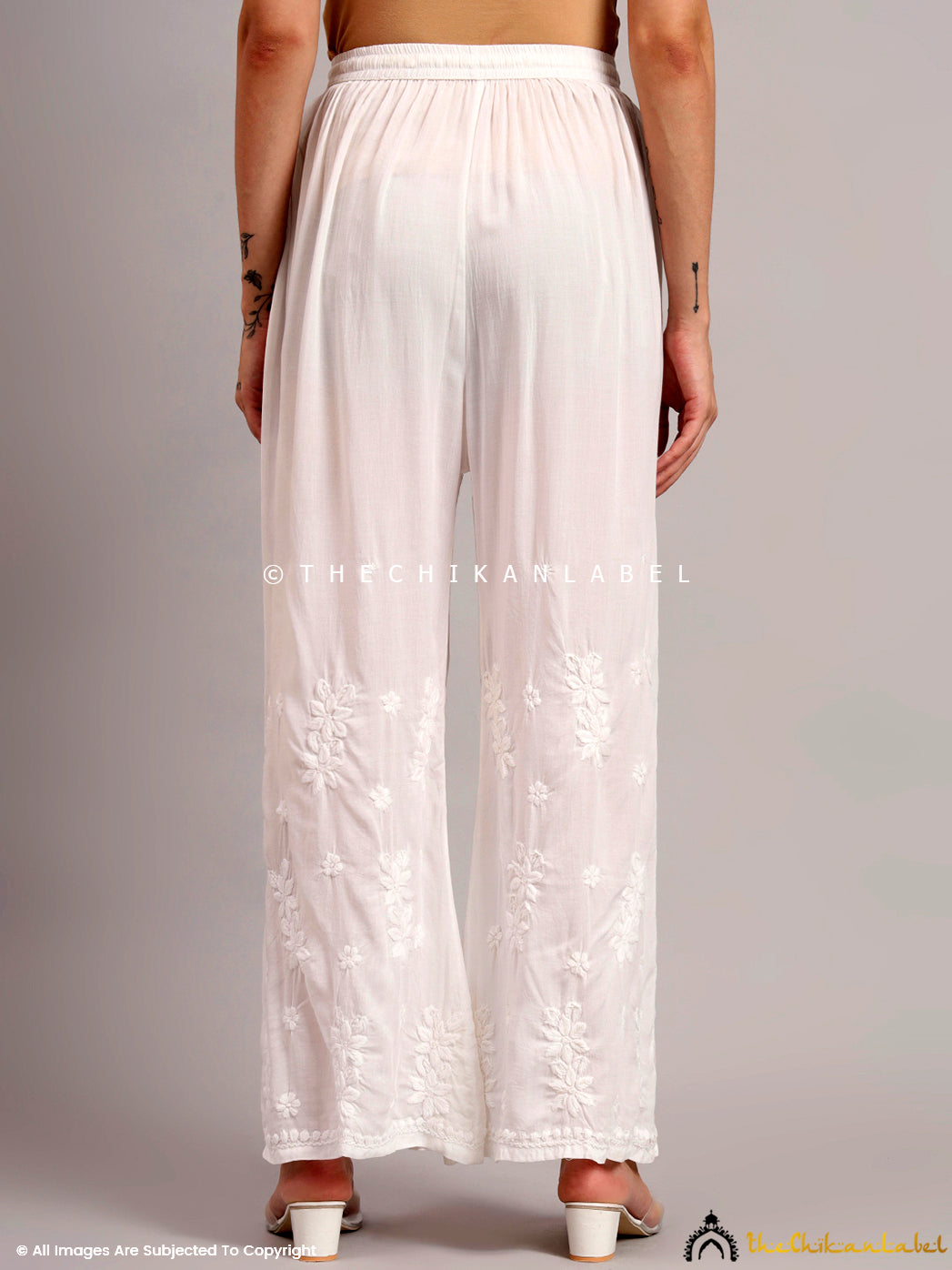 Modal straight palazzo featuring intricate hand-embroidered floral chikankari patterns, ideal for casual and ethnic styling

