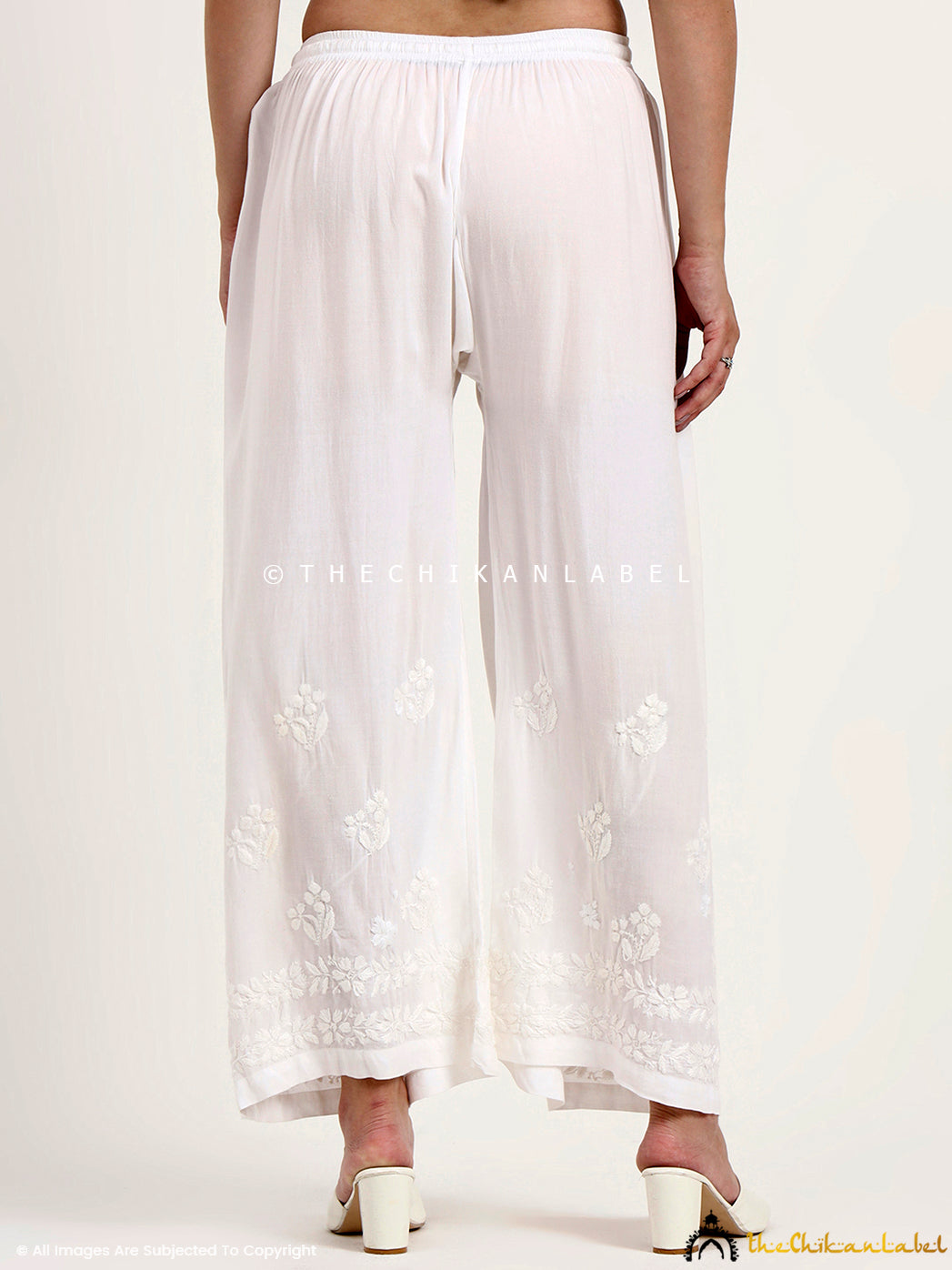 Comfortable women’s rayon straight palazzo bottom with handcrafted chikankari work.