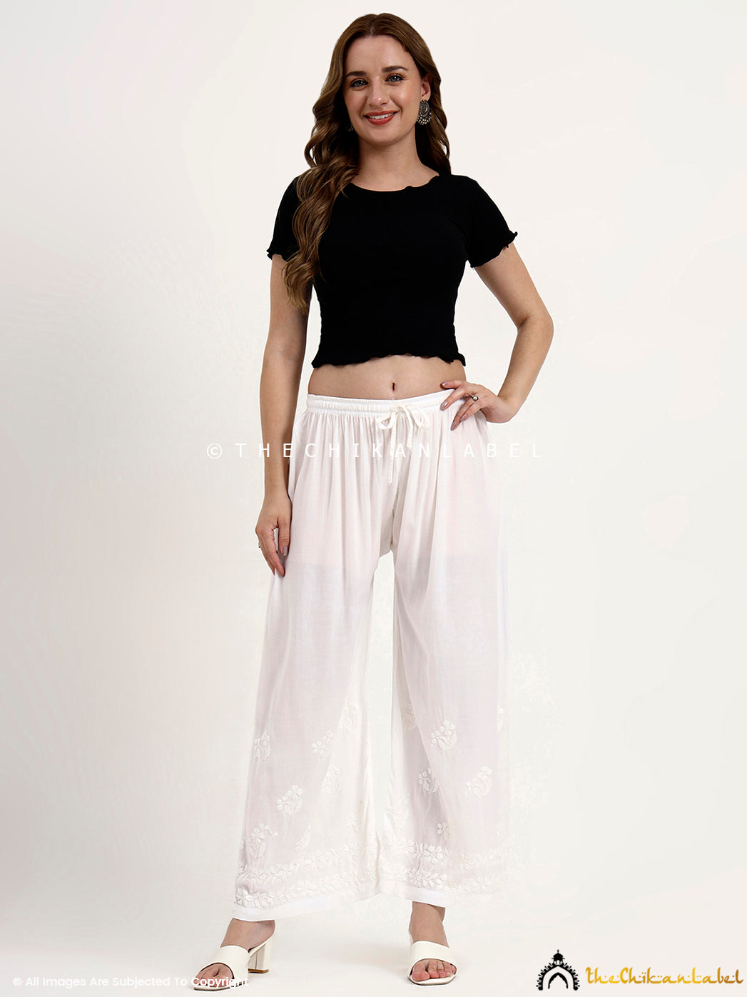Trending chikankari palazzo pants with straight cut style for ethnic and casual outfits.