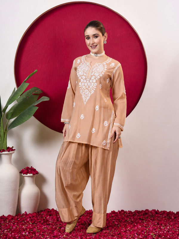 Alina Chanderi Chikankari Kurta Farshi Salwar Set - Beige