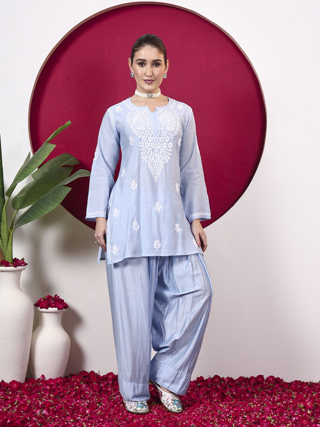 Alina Chanderi Chikankari Kurta Farshi Salwar Set - Blue