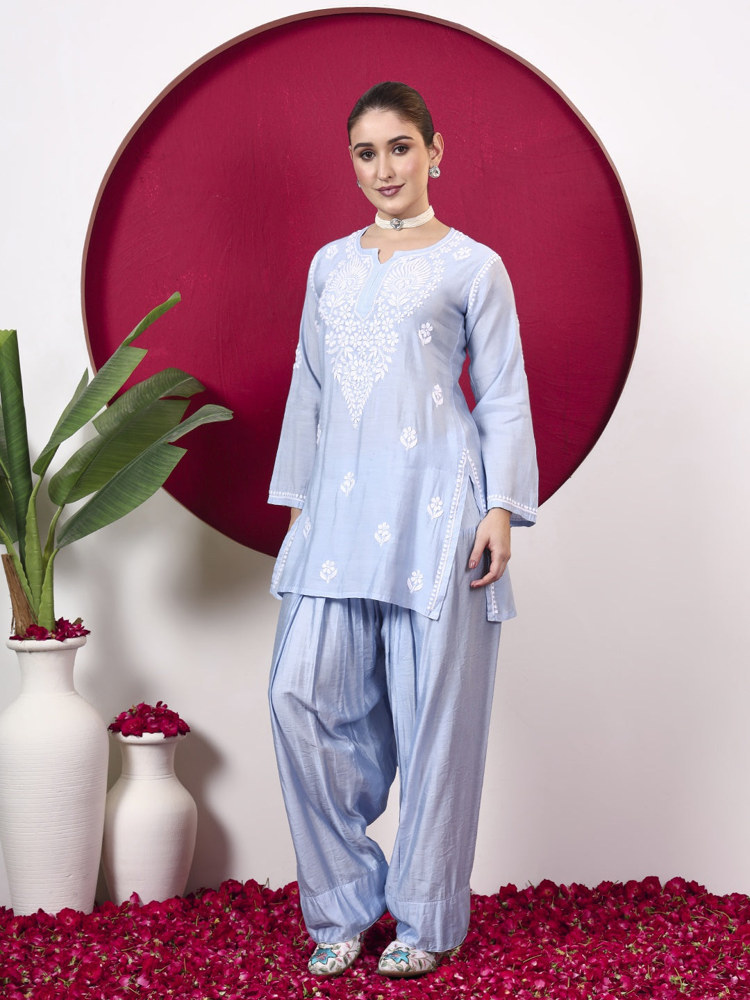 Alina Chanderi Chikankari Kurta Farshi Salwar Set - Blue