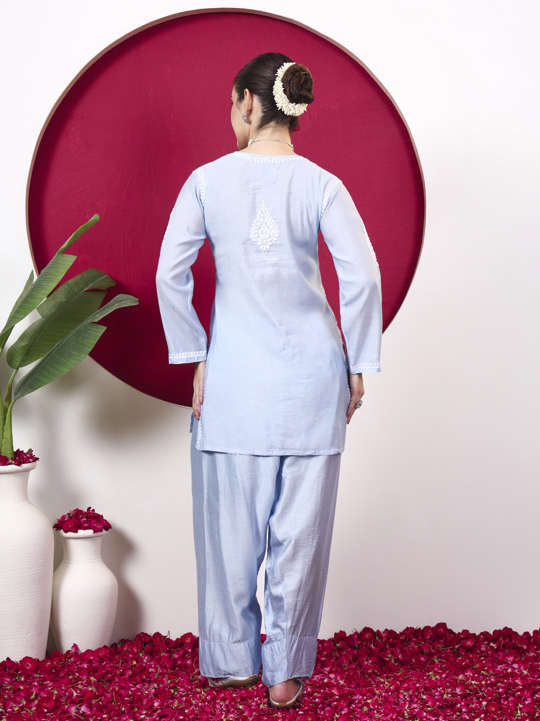 Alina Chanderi Chikankari Kurta Farshi Salwar Set - Blue