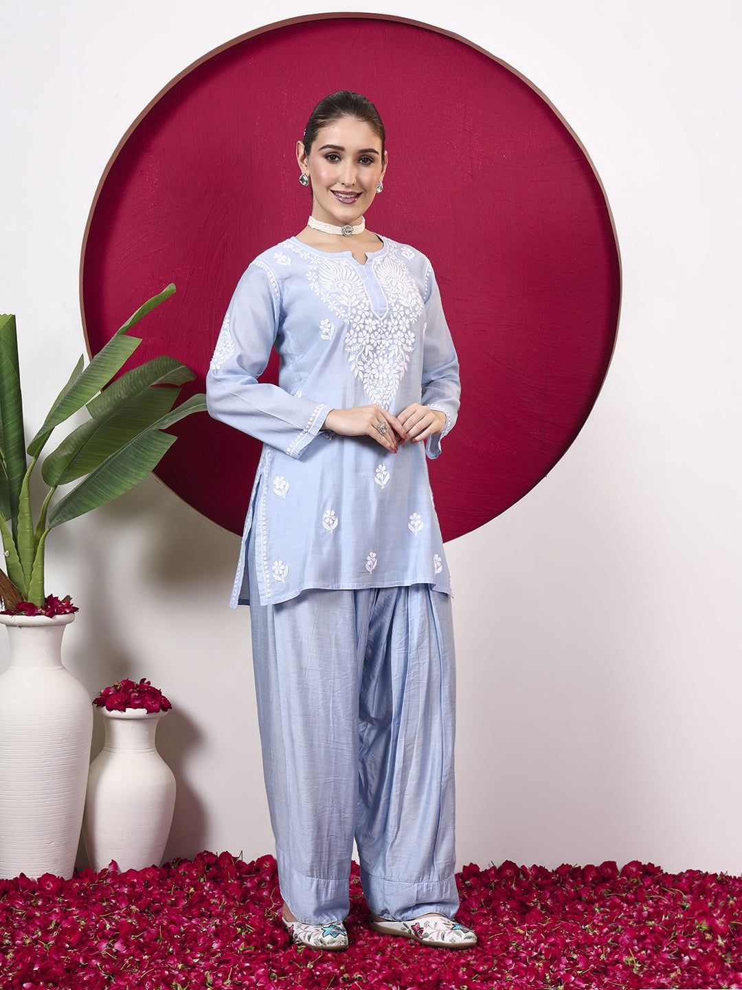 Alina Chanderi Chikankari Kurta Farshi Salwar Set - Blue