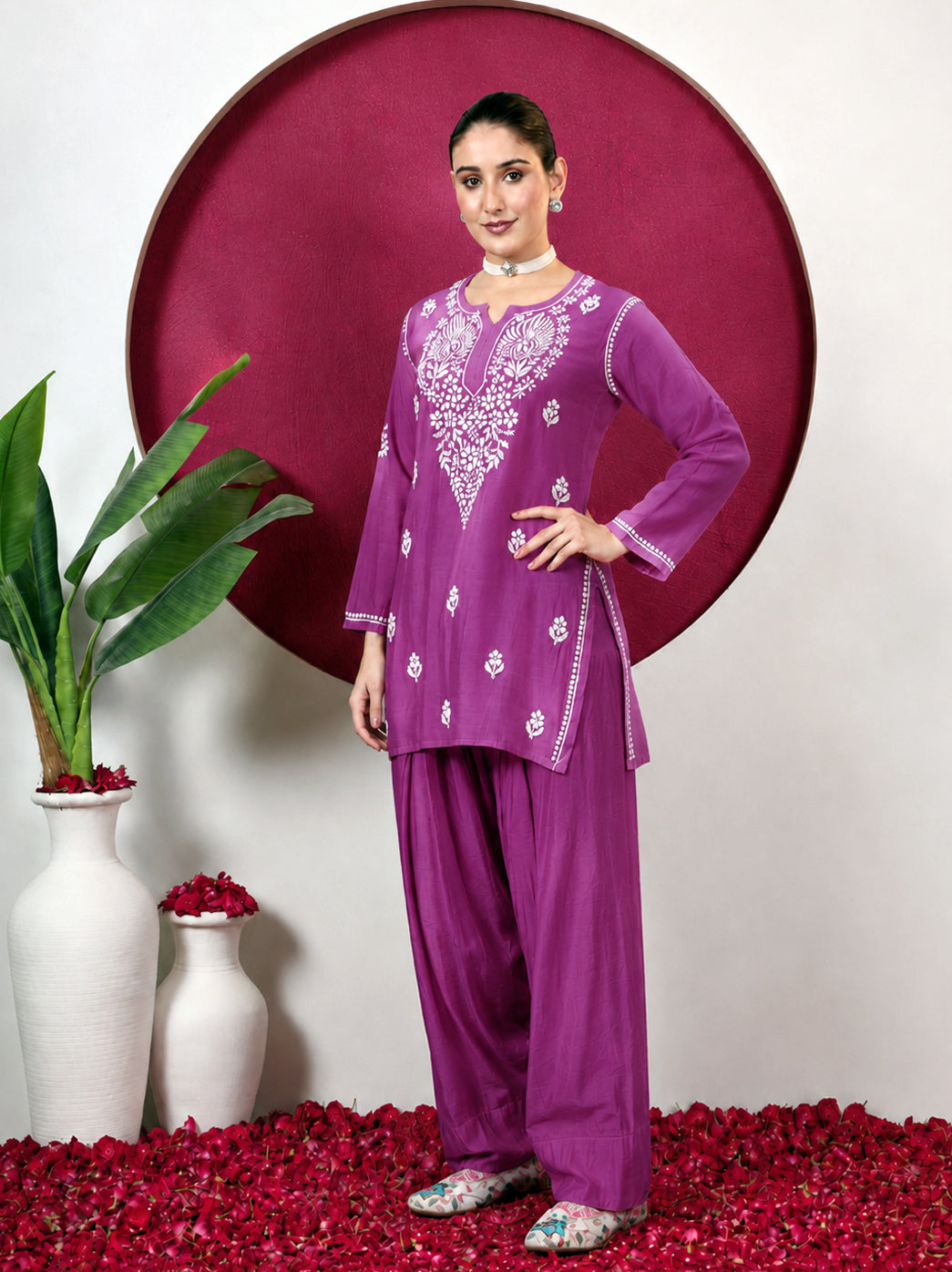 Alina Chanderi Chikankari Kurta Farshi Salwar Set - Hot Pink