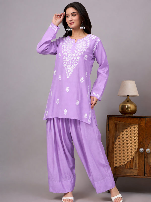 Chanderi Chikankari farshi set for women with intricate floral embroidery, comfortable regular fit and a flowy silhouette for effortless everyday styling.