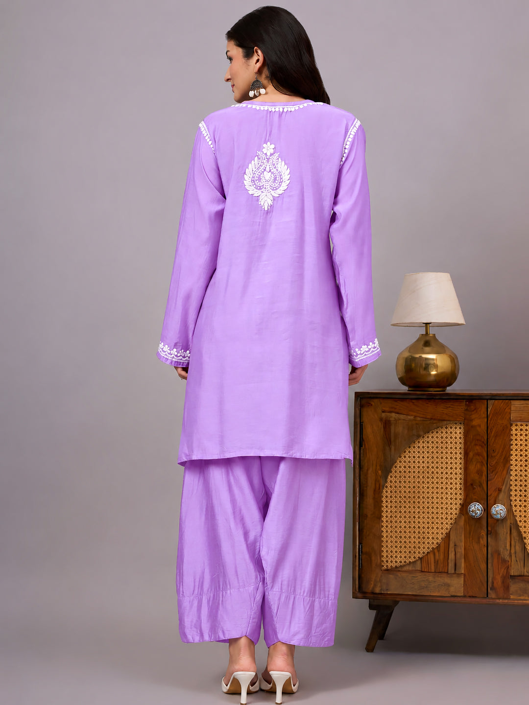 Alina Chanderi Farshi Set with traditional Lucknowi-inspired Chikankari embroidery and a relaxed farshi bottom designed for comfort and elegant ethnic dressing.