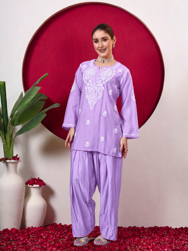 Alina Chanderi Chikankari Kurta Farshi Salwar Set - Lavender