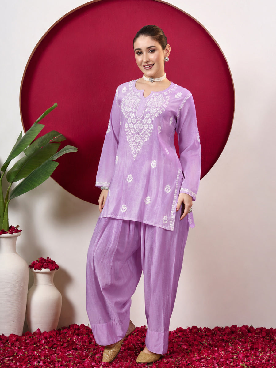 Alina Chanderi Chikankari Kurta Farshi Salwar Set - Light Lavender
