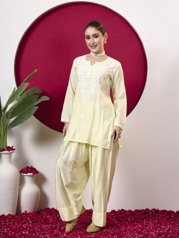 Alina Chanderi Chikankari Kurta Farshi Salwar Set - Lime Yellow
