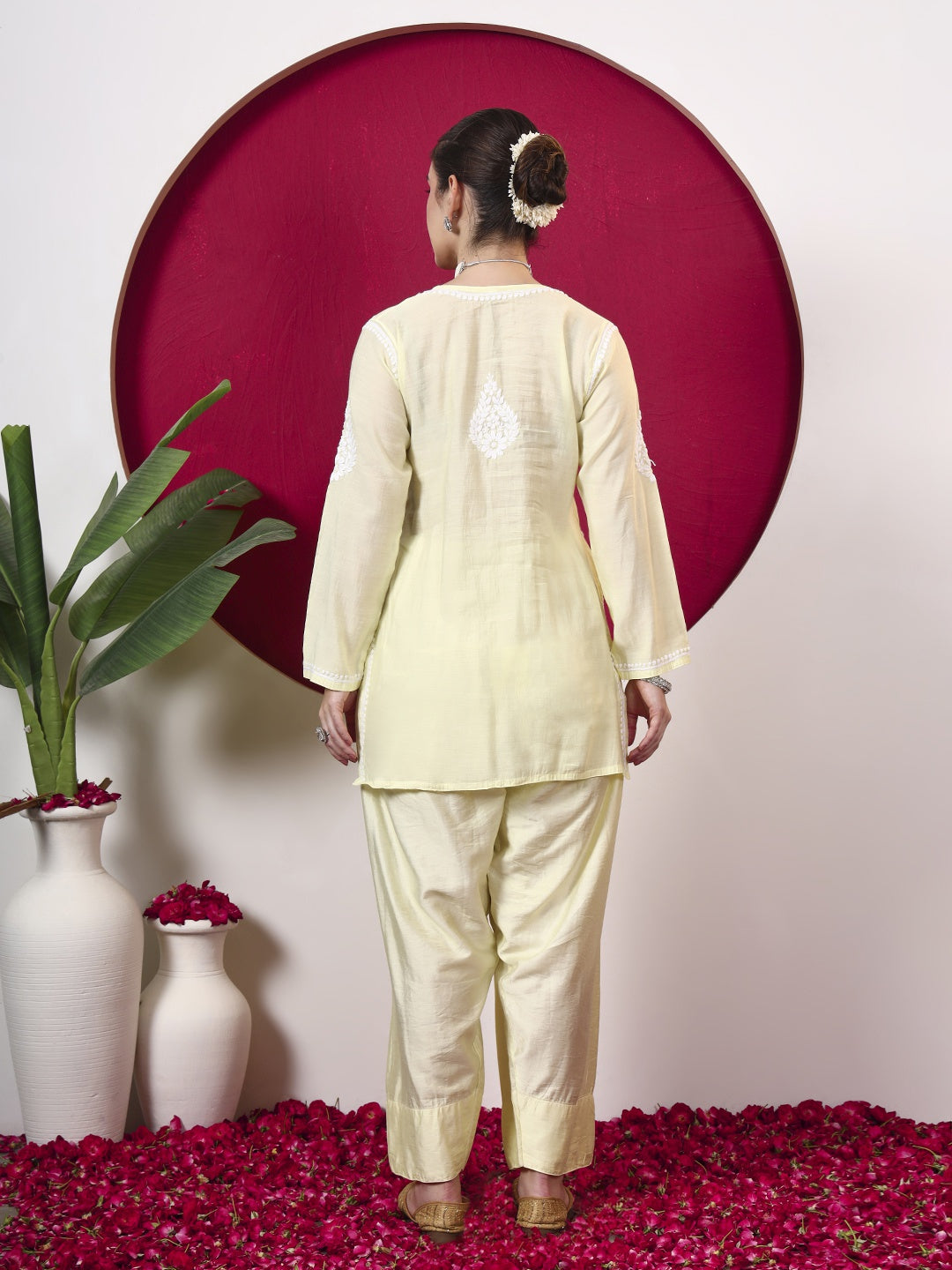 Alina Chanderi Chikankari Kurta Farshi Salwar Set - Lime Yellow