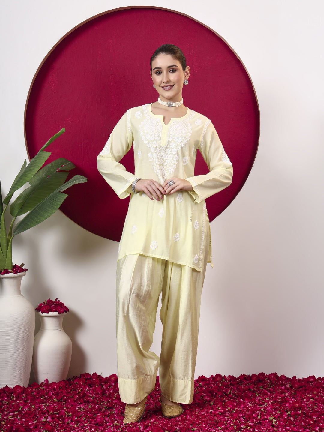 Alina Chanderi Chikankari Kurta Farshi Salwar Set - Lime Yellow