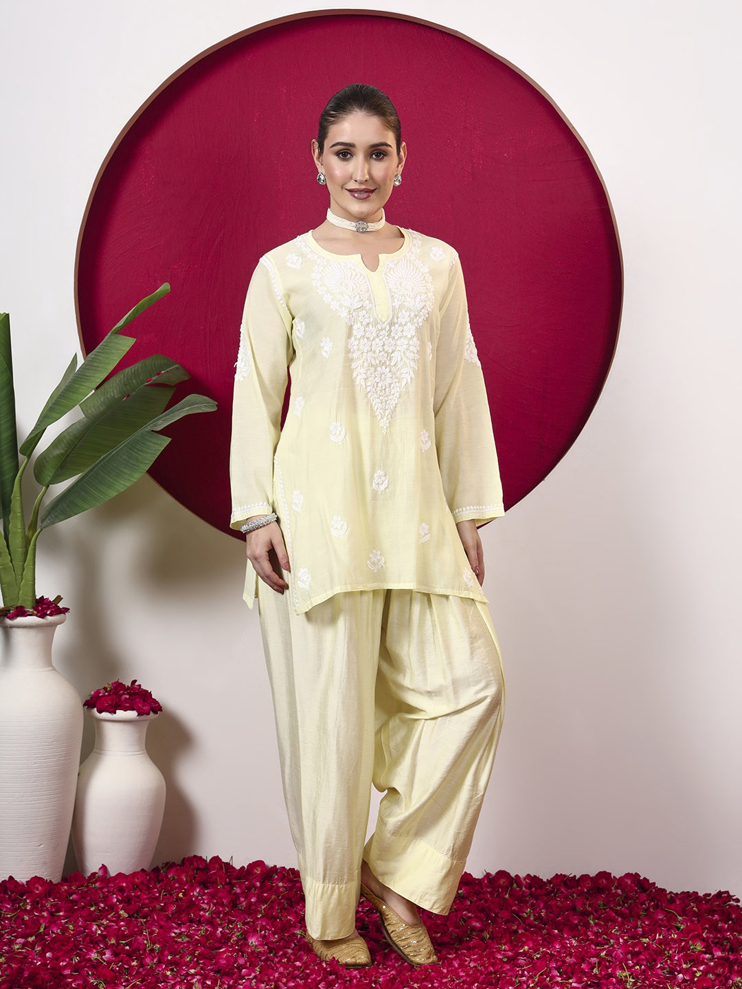 Alina Chanderi Chikankari Kurta Farshi Salwar Set - Lime Yellow