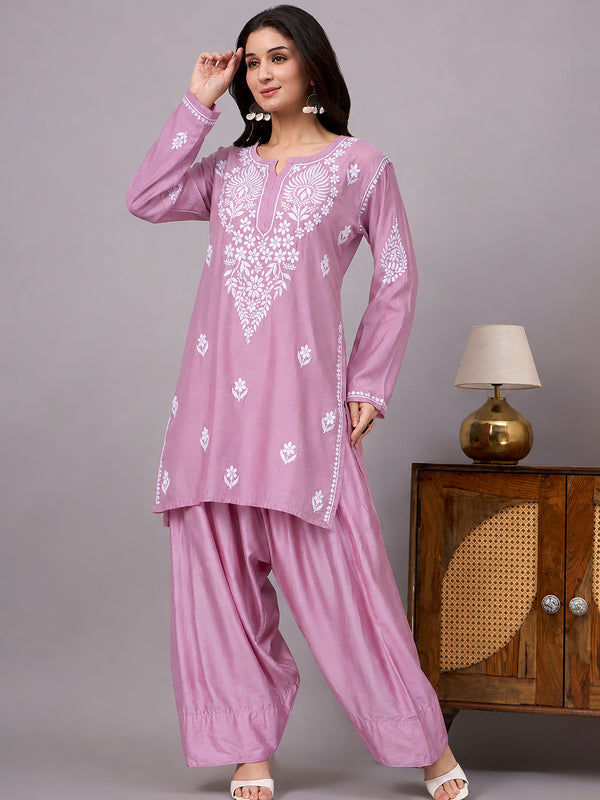 Alina Chanderi Farshi Set combining traditional Chikankari craftsmanship with a trending farshi silhouette, perfect for regular wear, outings and festive gatherings.