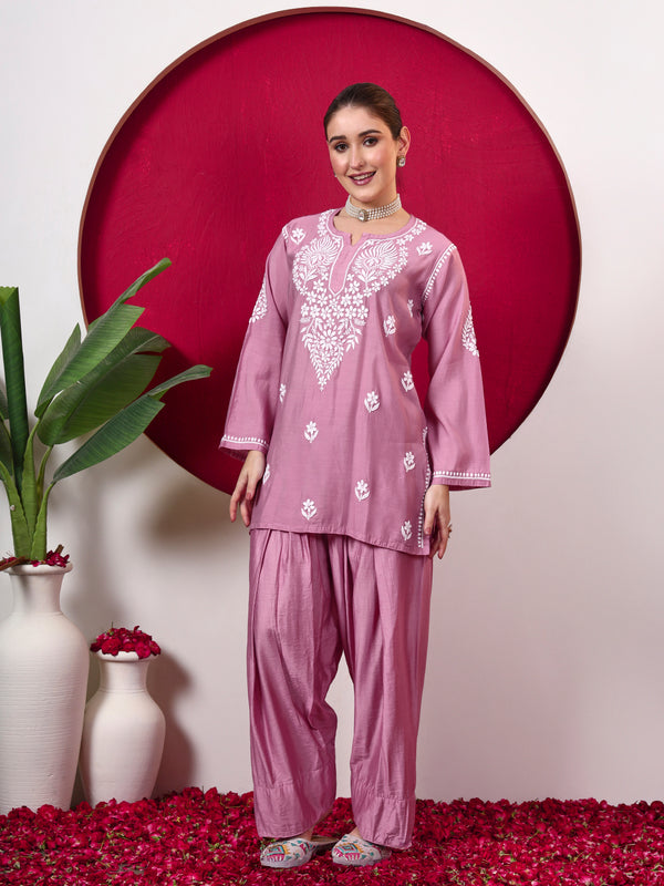 Alina Chanderi Chikankari Kurta Farshi Salwar Set - Mauve