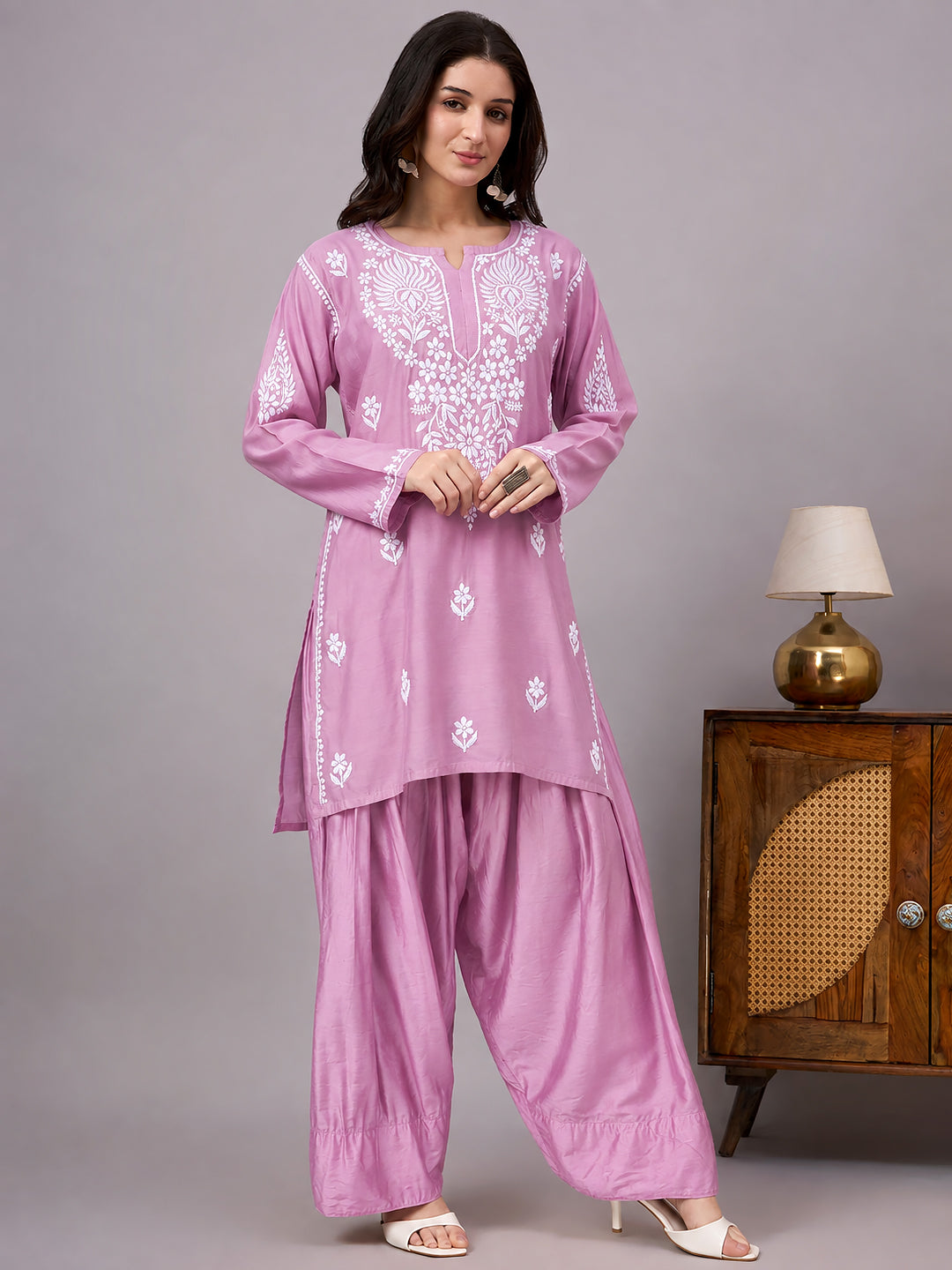 Chikankari farshi set for women featuring an embroidered Chanderi kurta paired with a wide relaxed farshi bottom for traditional ethnic styling.