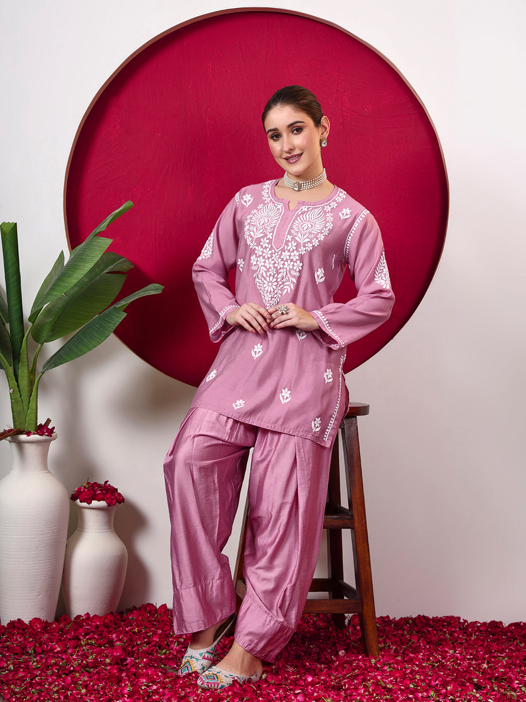 Alina Chanderi Chikankari Kurta Farshi Salwar Set - Mauve