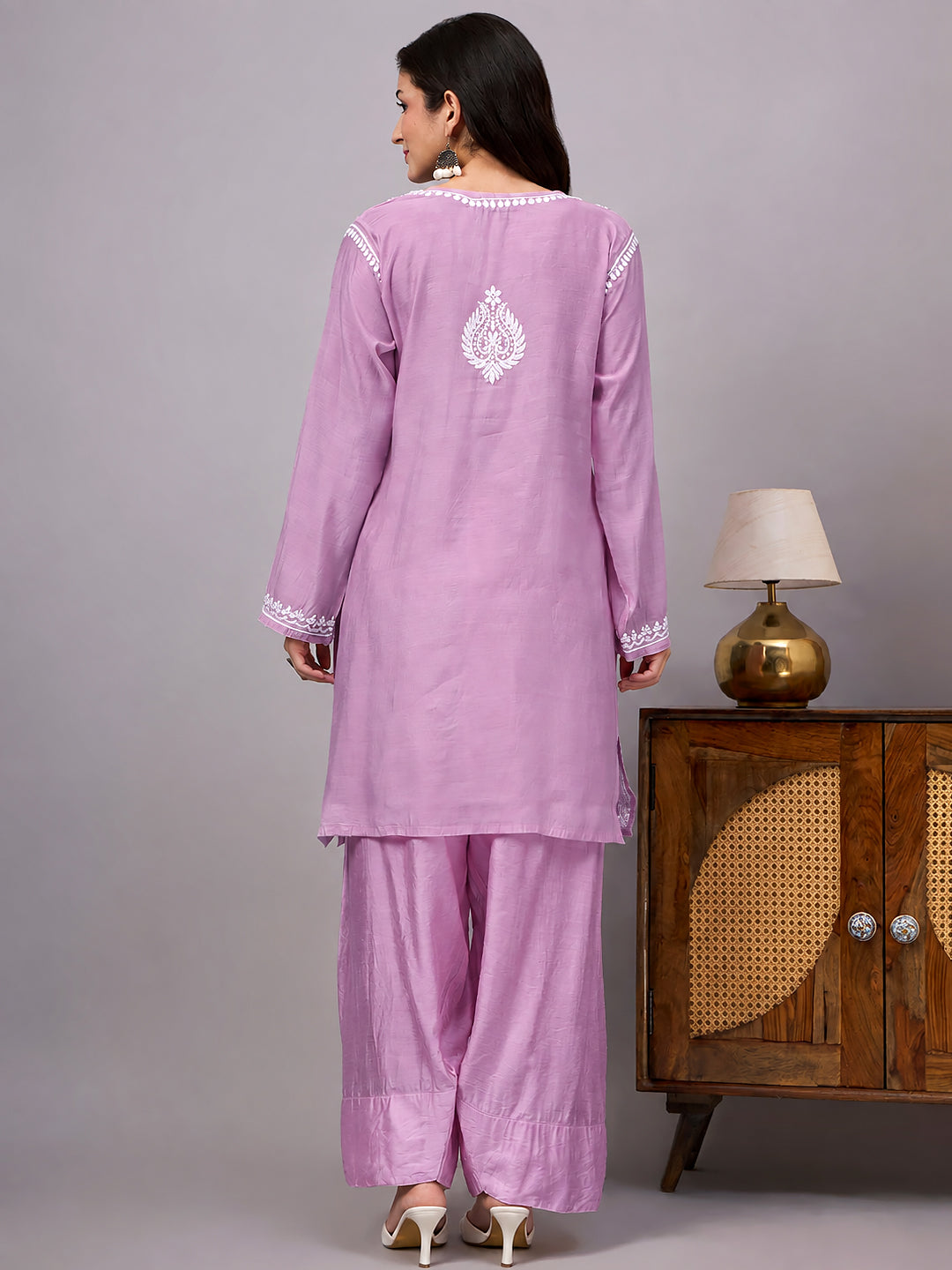 Women’s Alina Chanderi Farshi Set with handcrafted Chikankari-inspired embroidery, straight kurta silhouette and comfortable flowy farshi bottom.