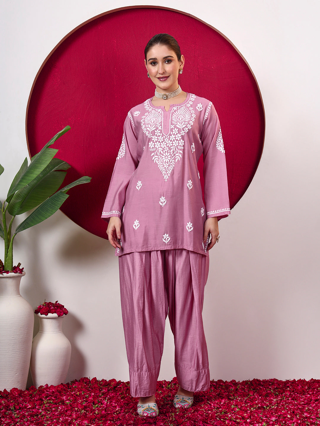 Alina Chanderi Chikankari Kurta Farshi Salwar Set - Mauve