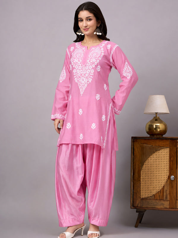 Trending farshi set for women with detailed Chikankari embroidery, long sleeves, straight kurta design and coordinated relaxed farshi-style bottoms.