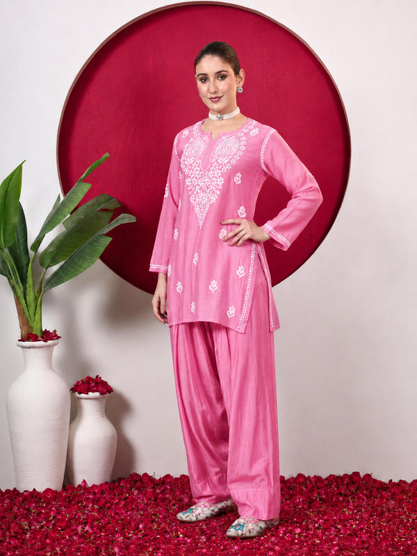 Alina Chanderi Chikankari Kurta Farshi Salwar Set - Pink