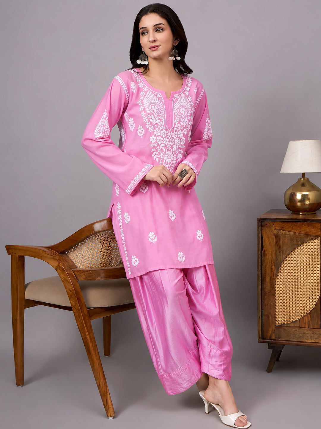 Elegant Chikankari farshi set crafted in Chanderi fabric with embroidered floral motifs and a relaxed bottom silhouette for casual and festive occasions.