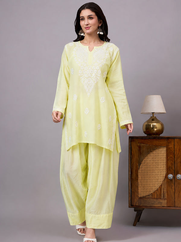 Alina Chanderi Farshi Set for regular and festive wear featuring lightweight Chanderi fabric, intricate Chikankari embroidery and comfortable farshi bottoms.