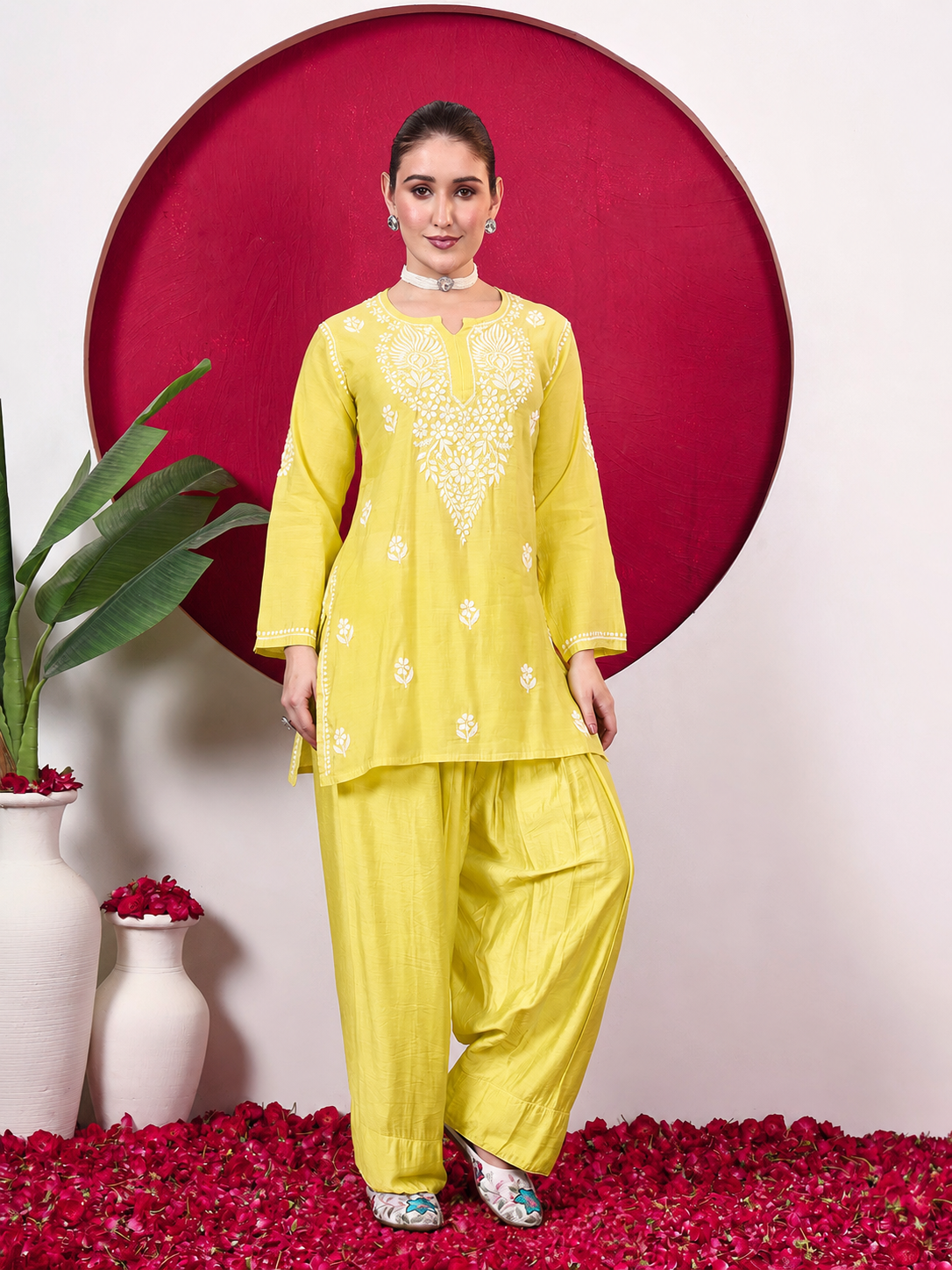 Alina Chanderi Chikankari Kurta Farshi Salwar Set - Yellow