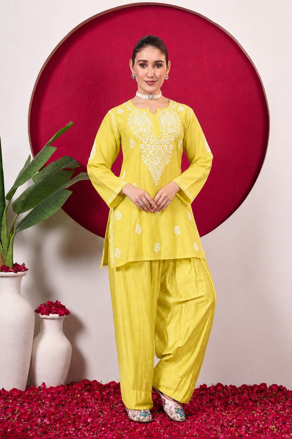 Alina Chanderi Chikankari Kurta Farshi Salwar Set - Yellow
