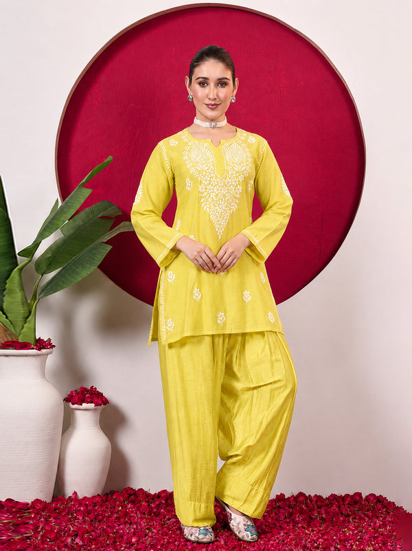 Alina Chanderi Chikankari Kurta Farshi Salwar Set - Yellow