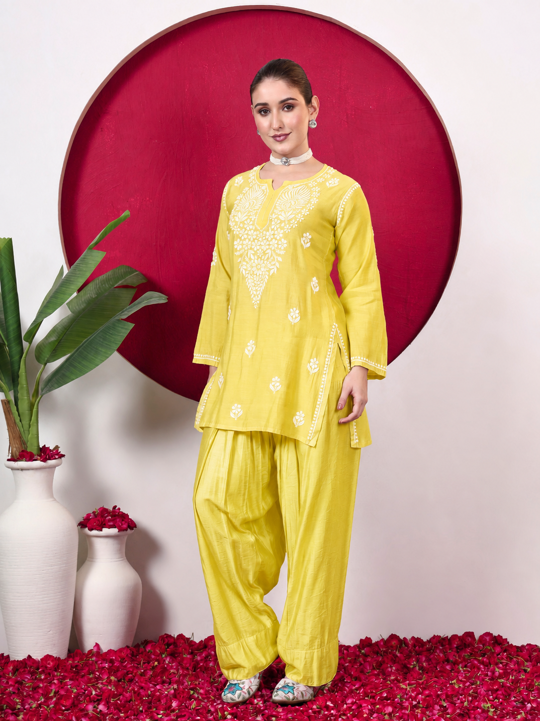 Alina Chanderi Chikankari Kurta Farshi Salwar Set - Yellow