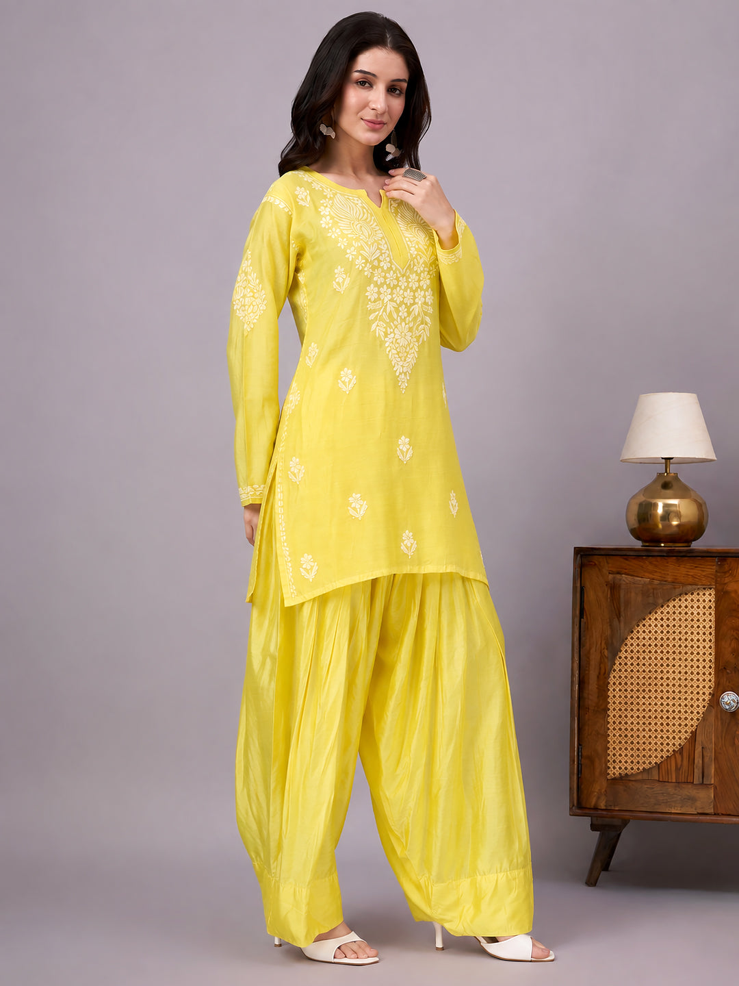 Comfortable regular wear Chikankari set featuring an embroidered Chanderi kurta and coordinated farshi-style pants for a refined traditional Indian look.