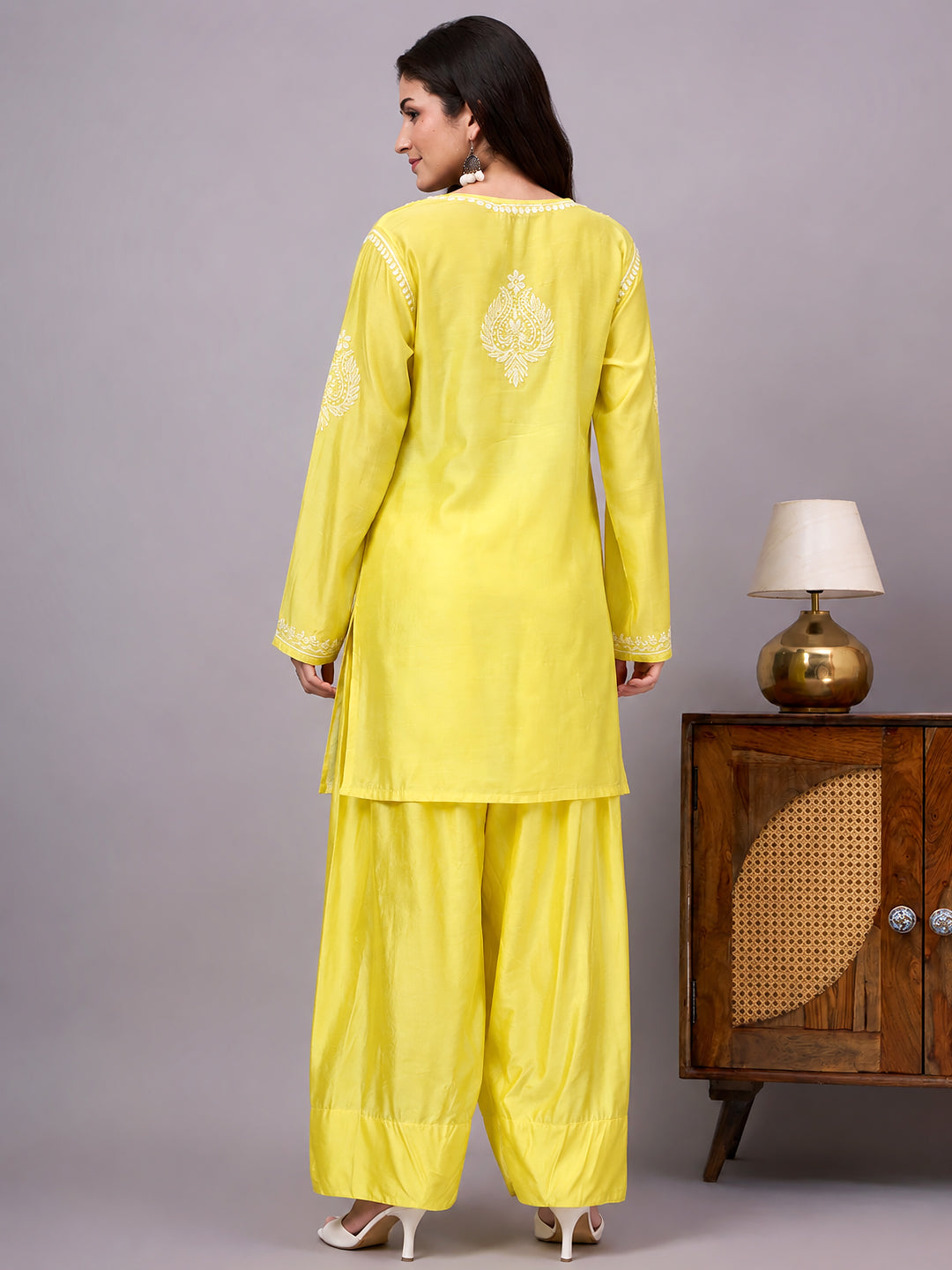 Chanderi Chikankari farshi set for women with intricate floral embroidery, comfortable regular fit and a flowy silhouette for effortless everyday styling.