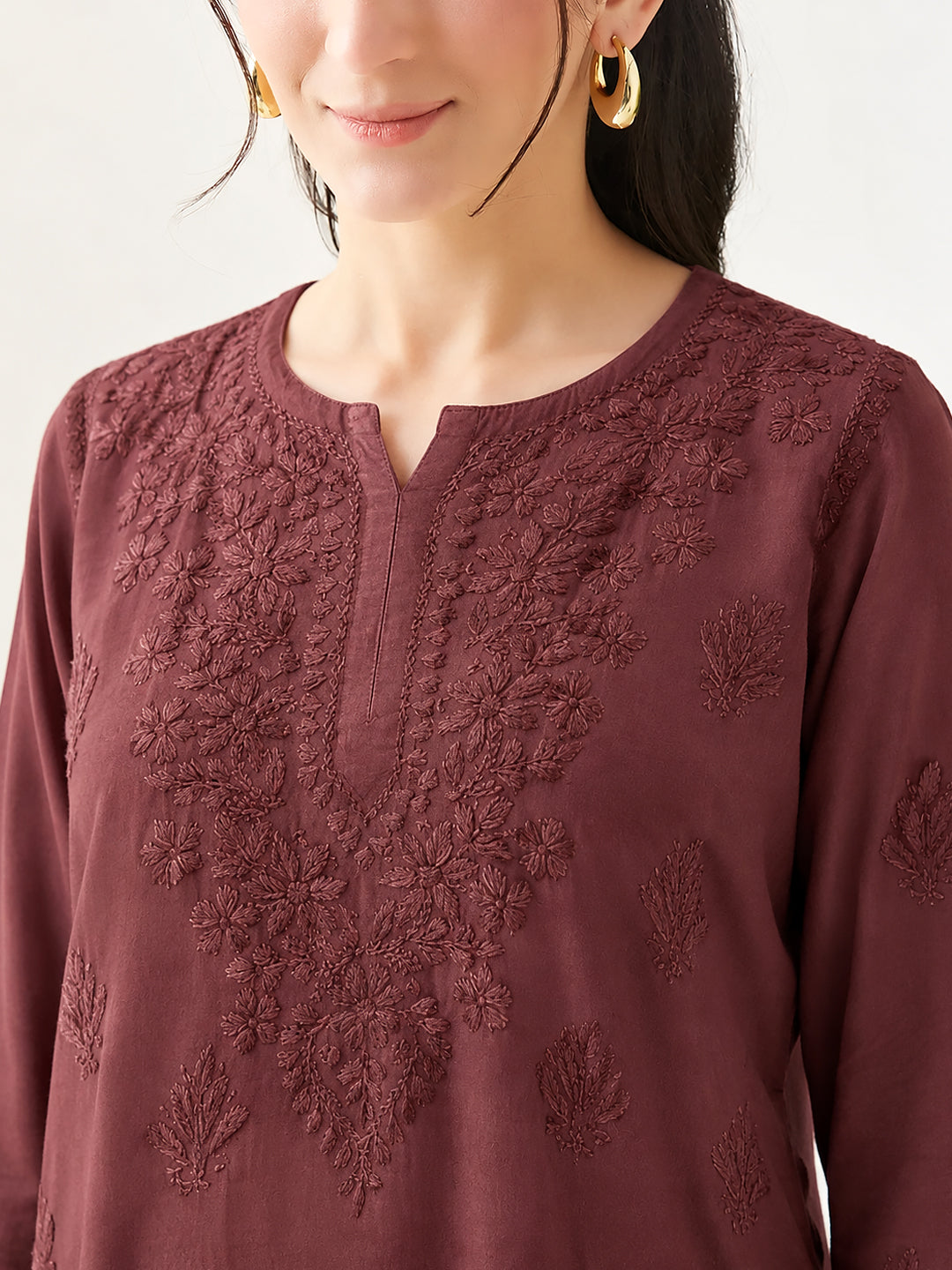 Women’s Amina Rayon Short Kurti with elegant Chikankari work, soft rayon fabric, three-quarter sleeves and an easy contemporary fit designed for comfortable regular wear.