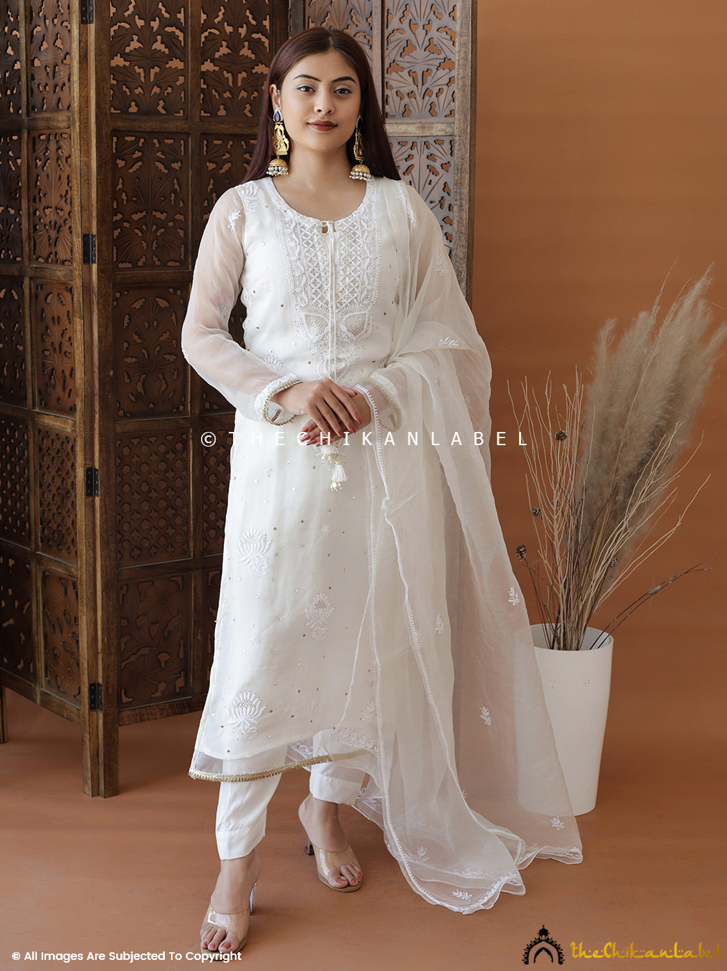Premium organza chikankari suit with kurta, pant, and dupatta designed as trending festive and ethnic wear.
