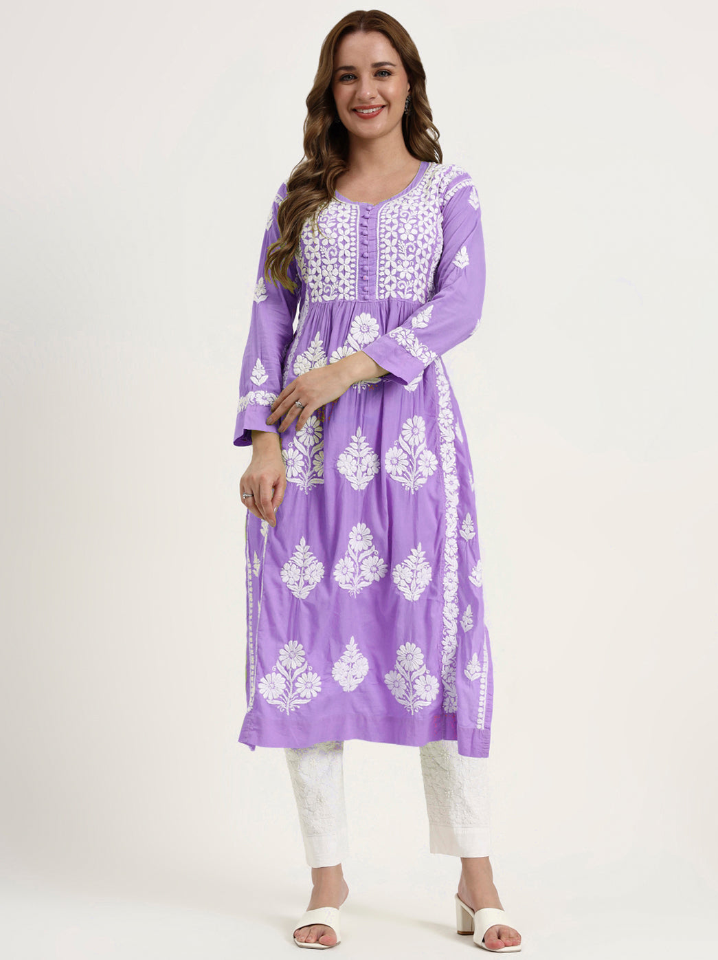 Amulya Cotton Chikankari Nyra Cut Straight Kurti - Lavender