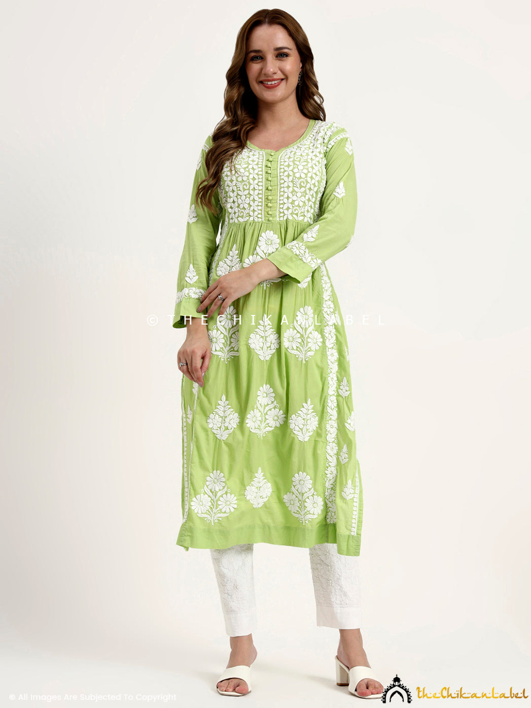 Amulya Cotton Chikankari Nyra Cut Straight Kurti - Pista Green