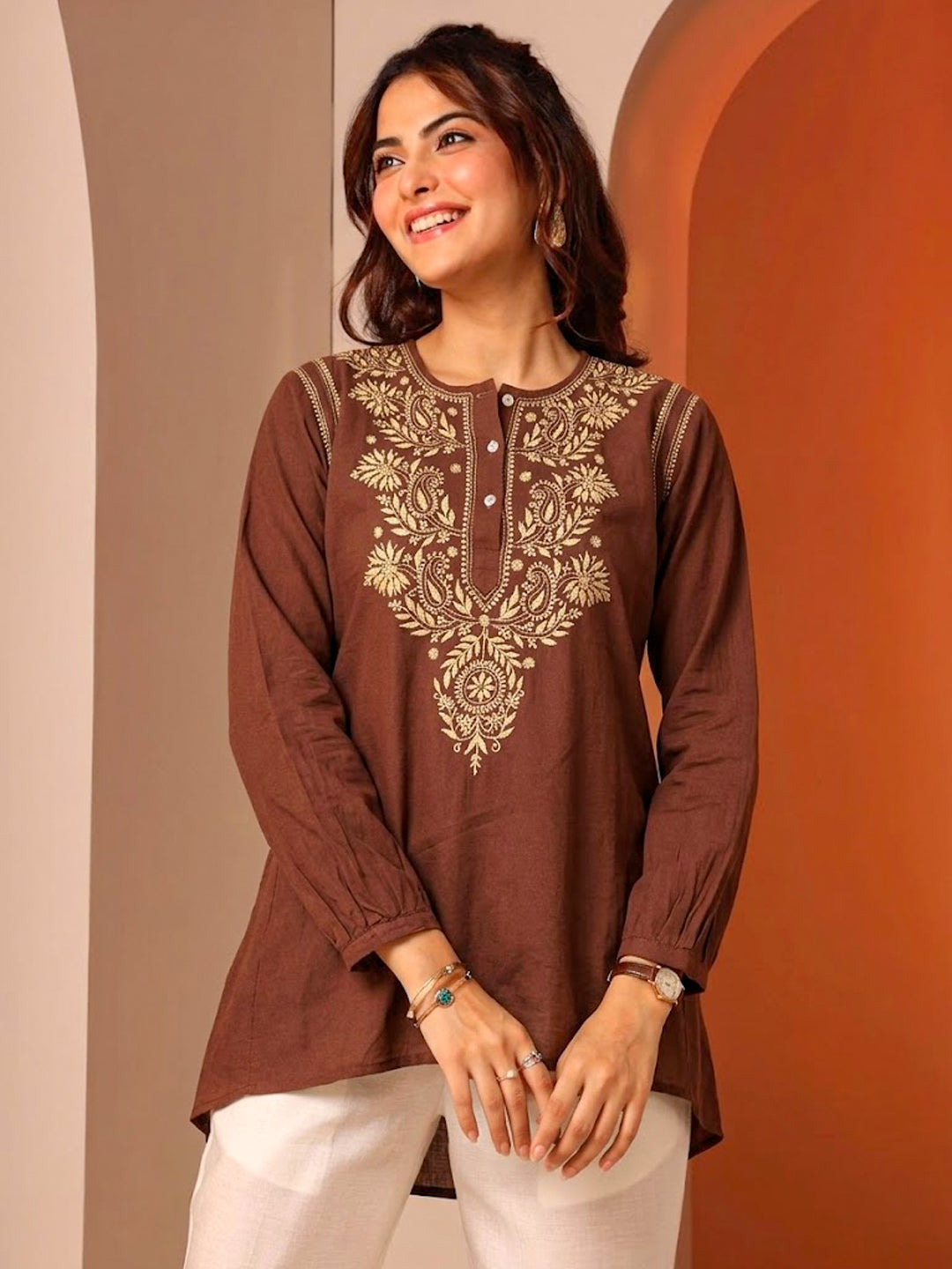 Breathable fabric chikankari kurti with intricate embroidery patterns and full sleeves, crafted for comfort and traditional elegance in daily wear.